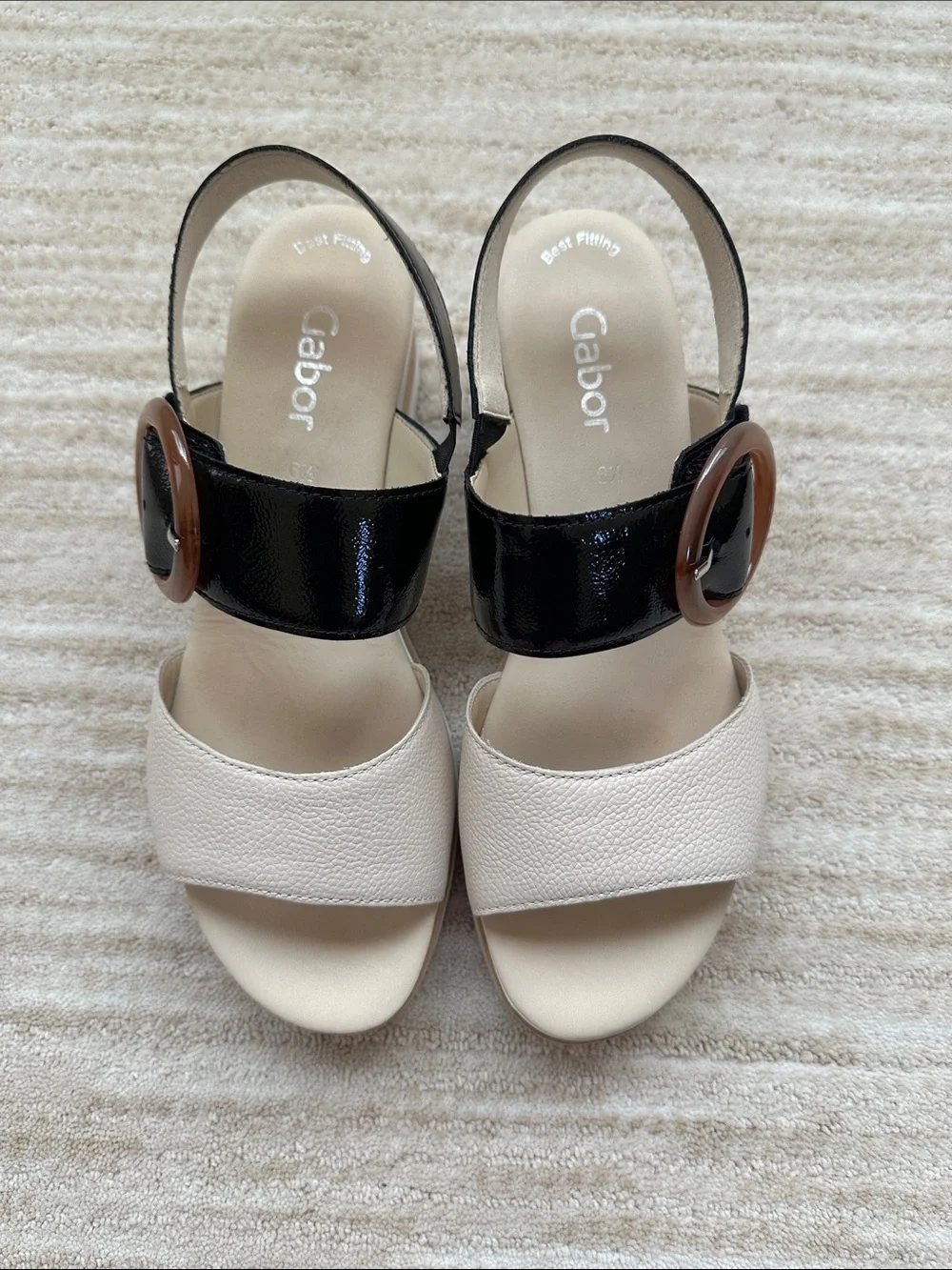 GABOR Freya Wedge Platform Sandal Beige with Black Patent Size UK 6.5 | US 9